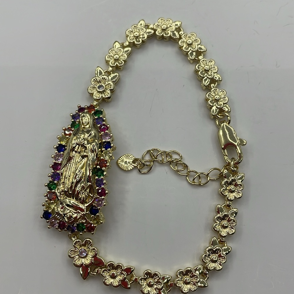 14K Gold Plated Virgin of Guadalupe bracelet colorful rhinestones